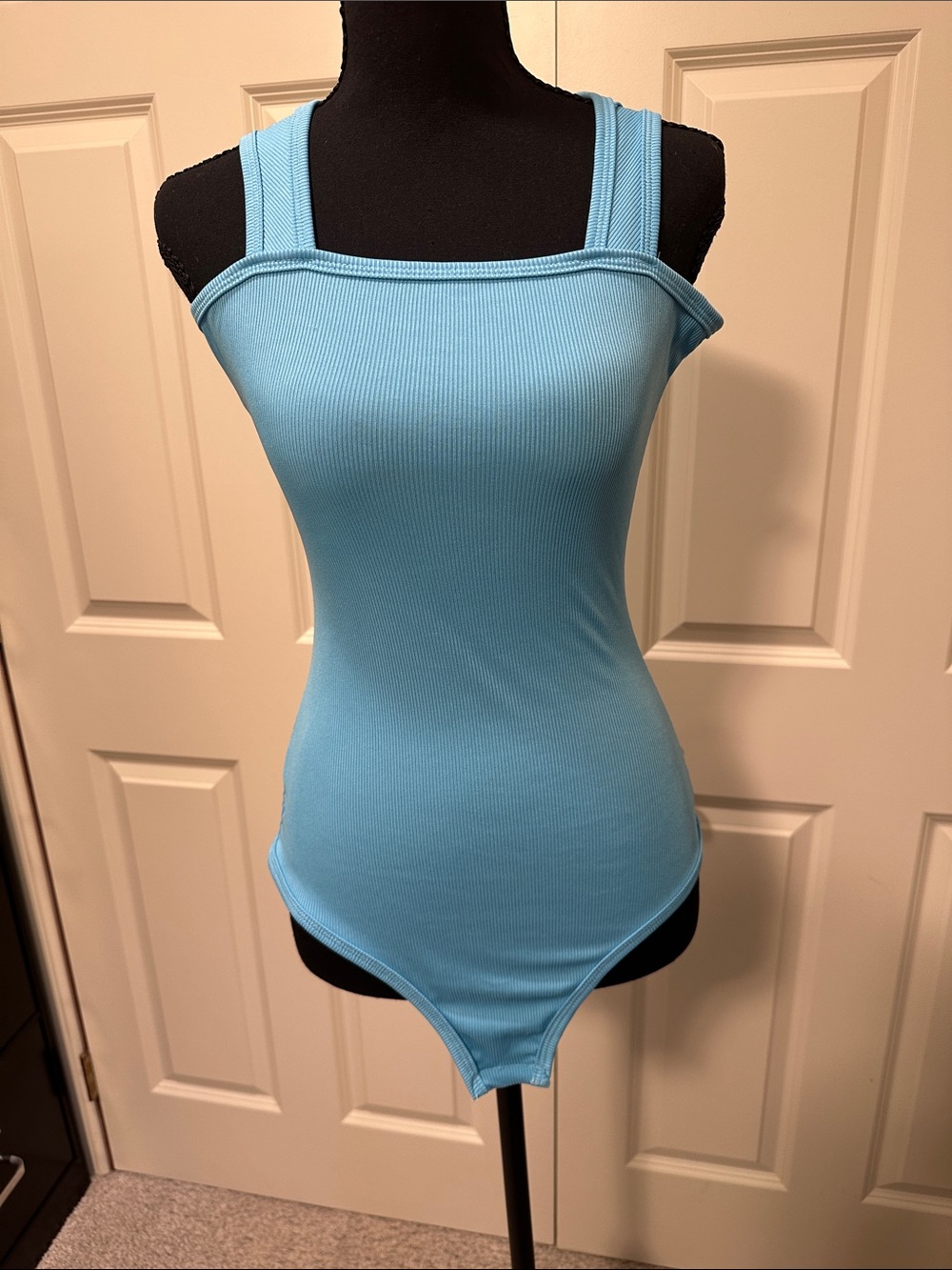Sky Blue Ribbed Square Neck Tank Bodysuit